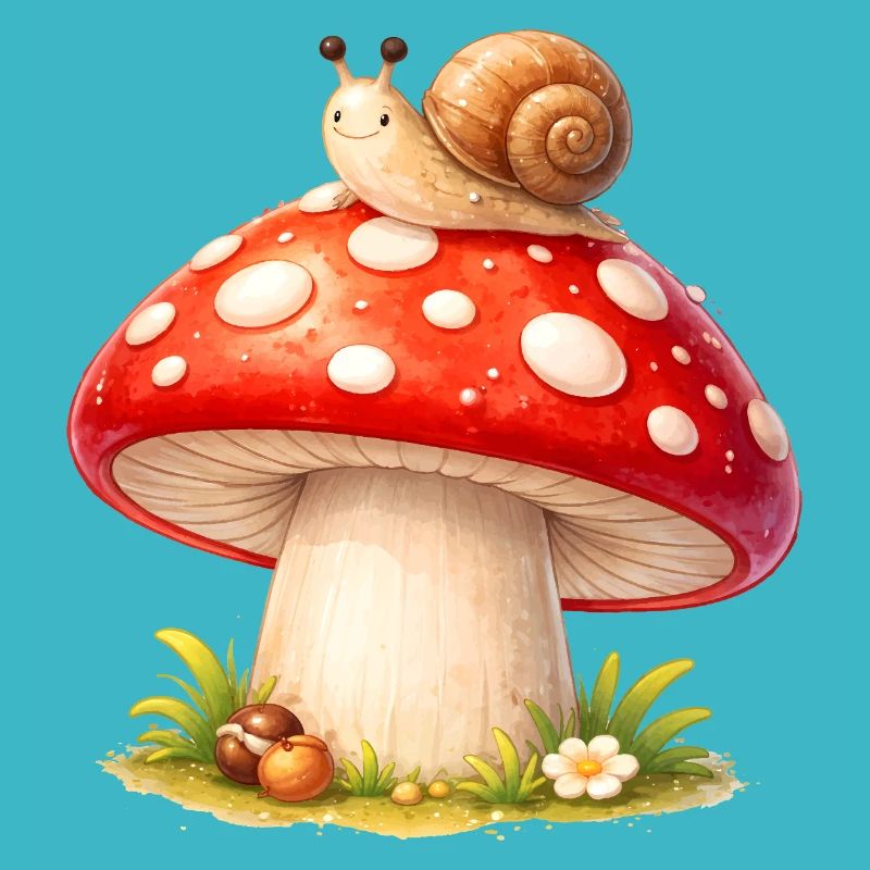 Toadstool with Snail Cute Forest Motif