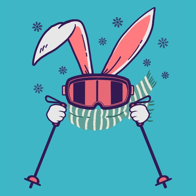 Lapin de ski avec bâtons de ski Lunettes de ski et écharpe