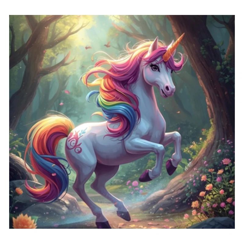 Zauberhafter Regenbogen-Einhorn im Wald