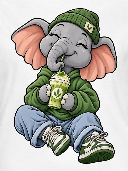 Süßer Elefant mit Matcha Latte