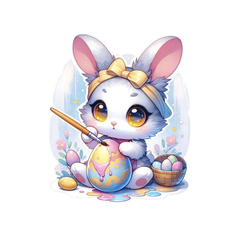 Lapin Chibi doux avec bandeau de cheveux et œufs de Pâques