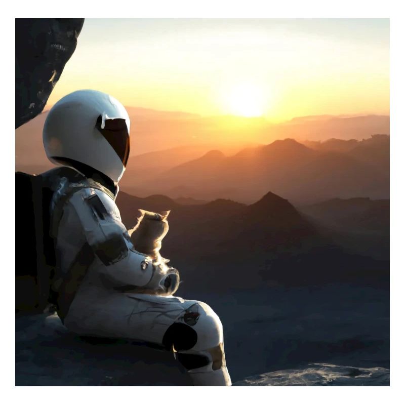 Astronaute avec chat regardant le coucher du soleil
