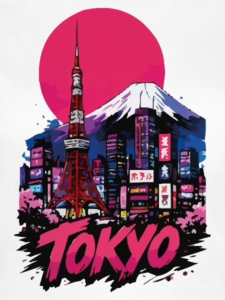 Tokyo Neon-Skyline mit pinker Sonne