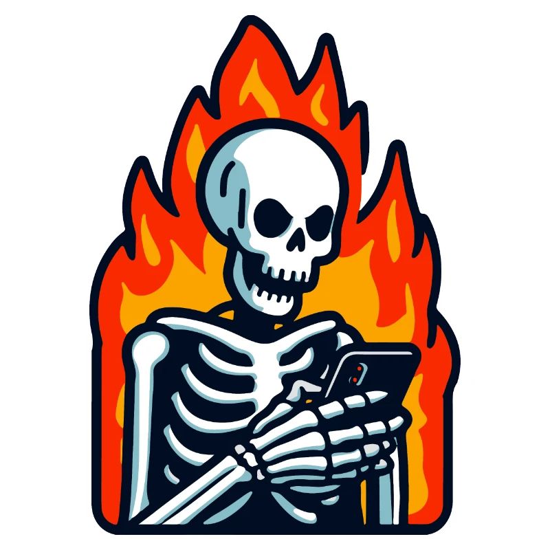 Angry skeleton looking at smartphone, flames