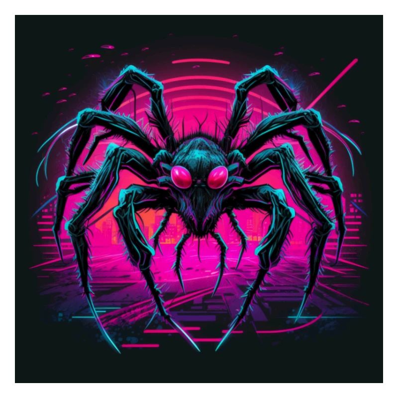 Araignée aux couleurs néon, synthwave / années 80