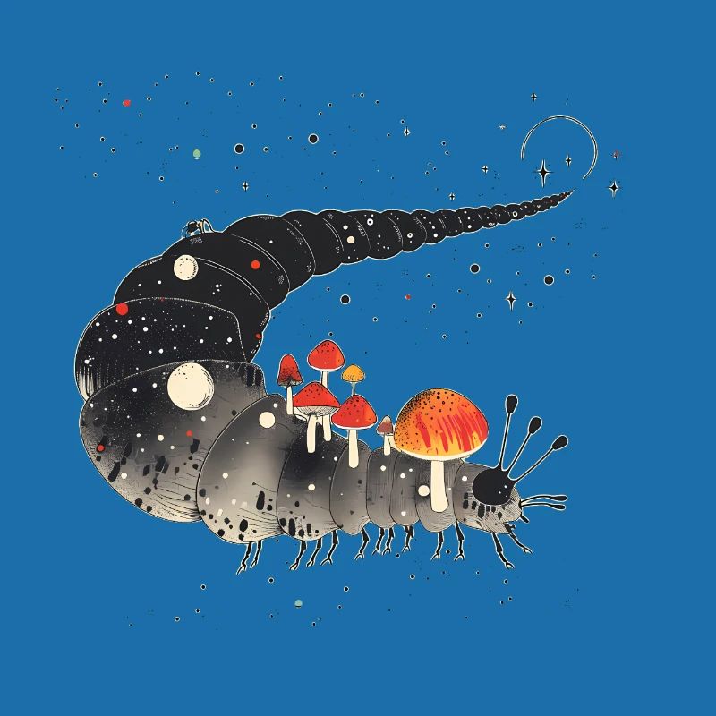 Surreal Caterpillar with Toadstools - Forest Motif