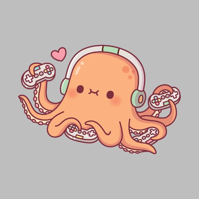 Cute Octopus Gamer With Four Video Game Controller
