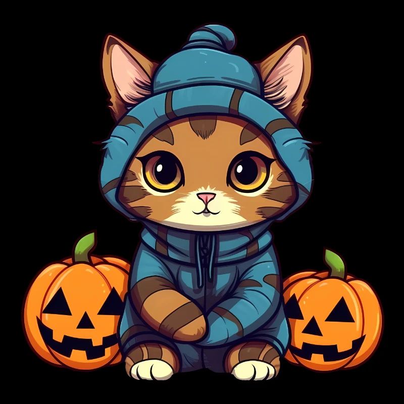 Mignon chat d’Halloween et citrouilles