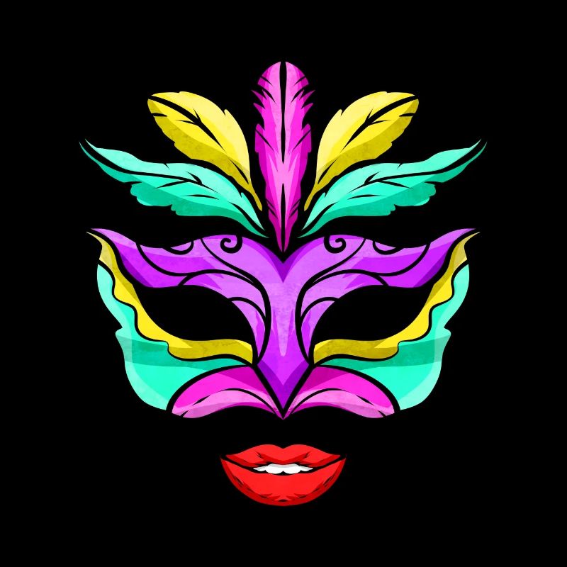 Masque violet, vert et doré avec lèvres rouges pour