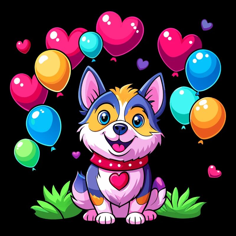 Hund mit bunten Luftballons