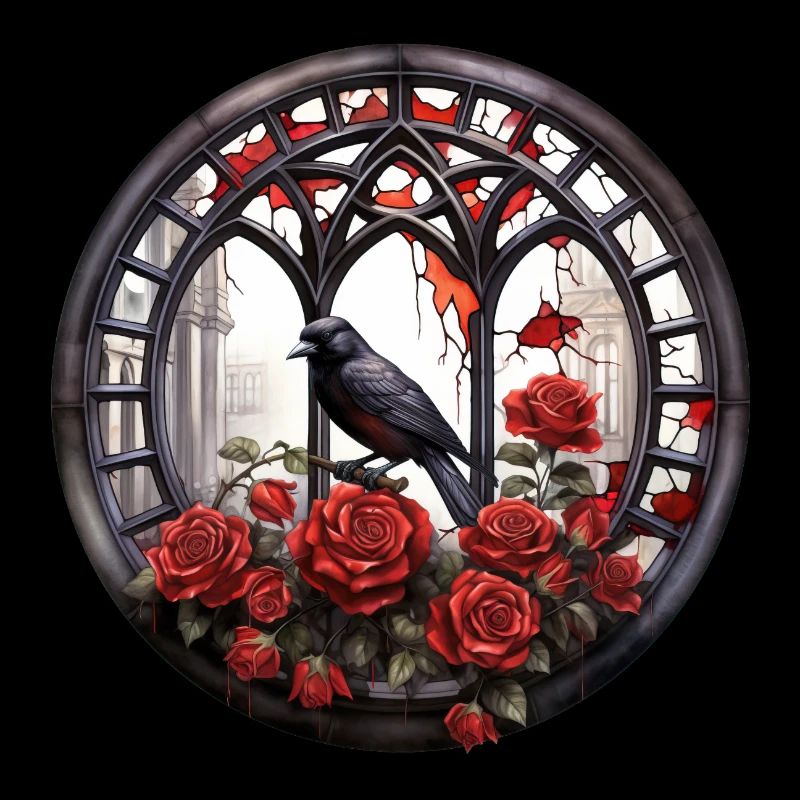 Gothic Raven Crow Mystical Flowers Window
