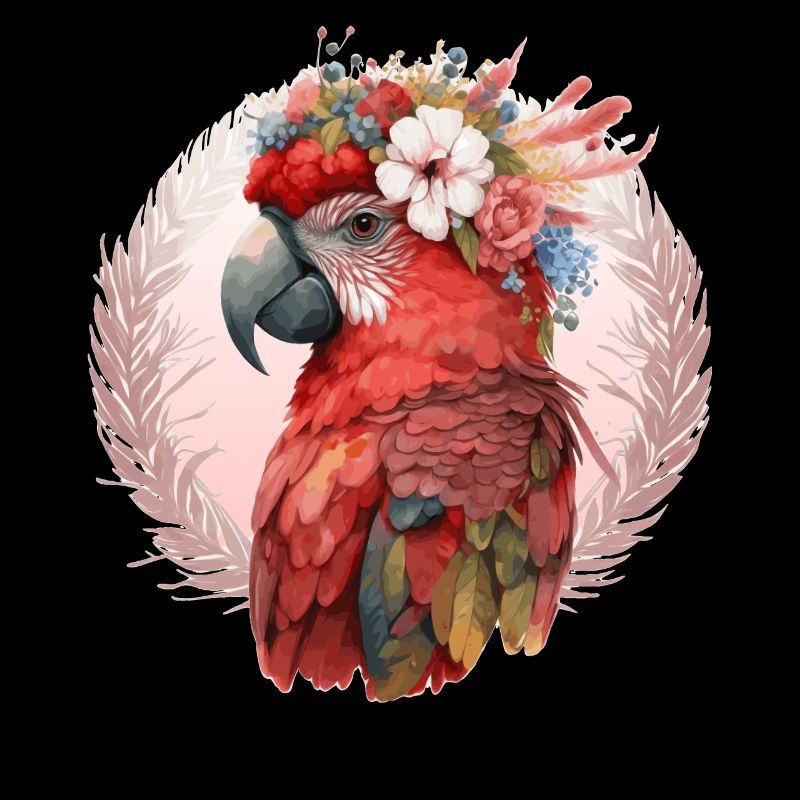 Rouge Ara Écarlate Fleur Couronne Perroquet Aquarelle B