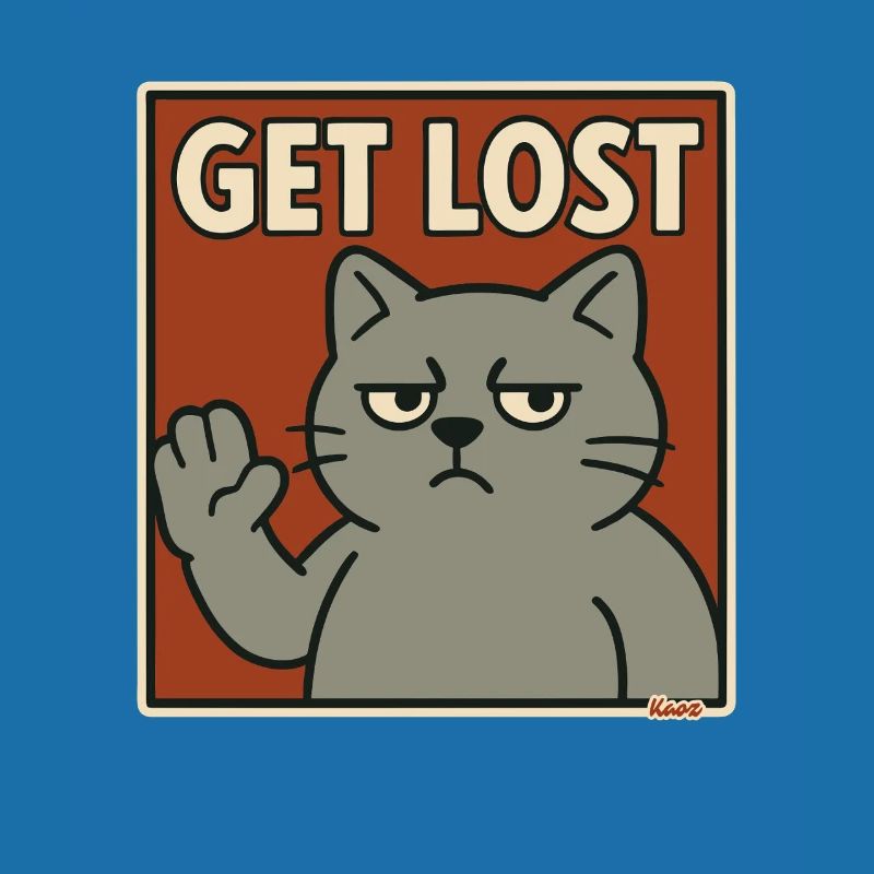Genervte Katze mit Spruch Hau ab