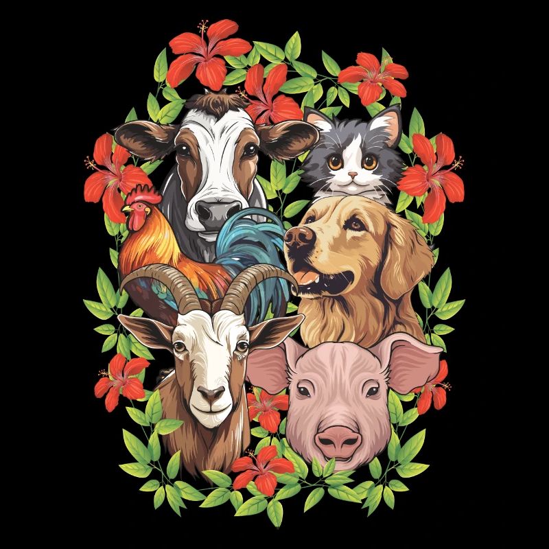 Animaux de la ferme dans un cadre floral