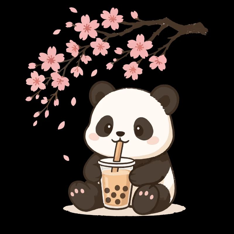 Cute Panda Bubble Tea Cherry Blossoms Spring