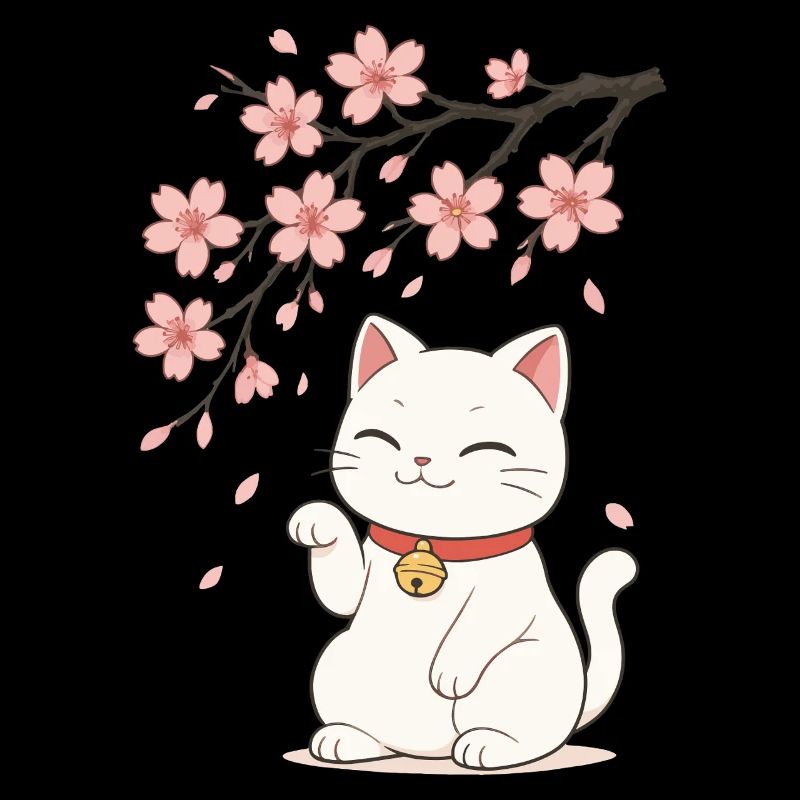 Maneki Neko Chat Porte-bonheur Branche de fleur de cerisier