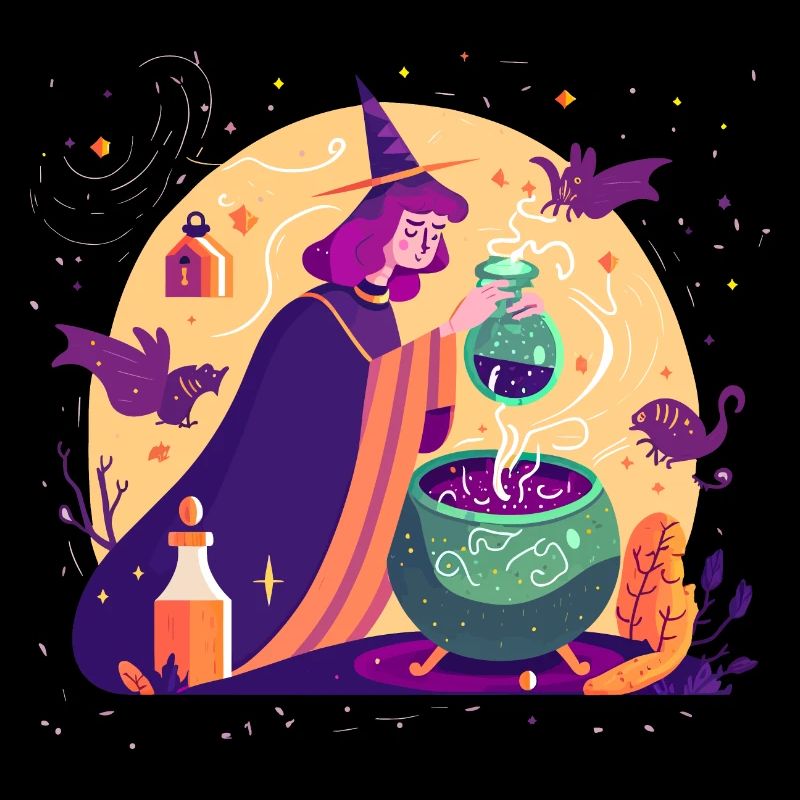 A young witch brewing a magic potion