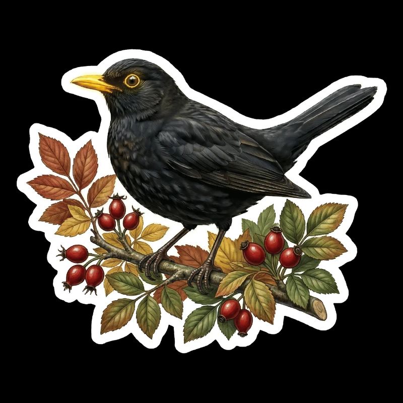 Native blackbird on rosehip branch