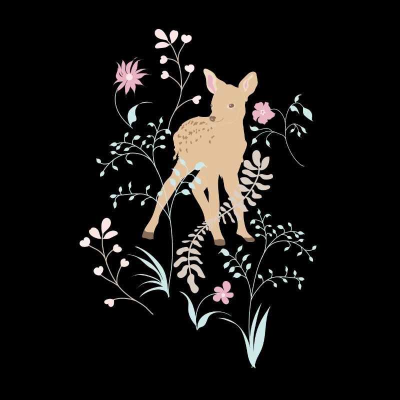 Mignon faon avec des fleurs et des plantes. Chevreuil.