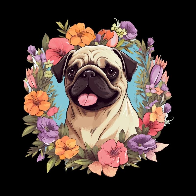 Pug Dog Breed Pet avec fleurs - graphique