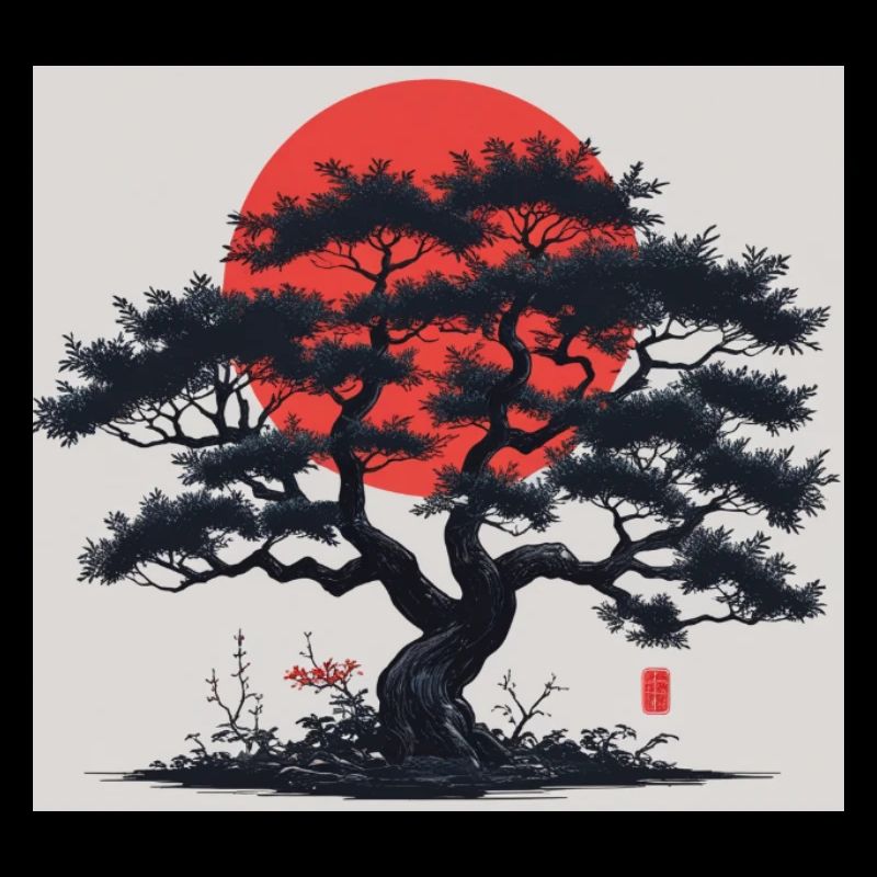 Japanischer Baum mit roter Sonne