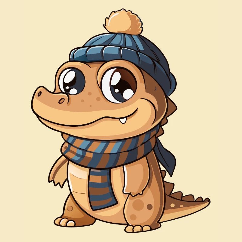 Crocodile mignon avec écharpe et chapeau à pompon.