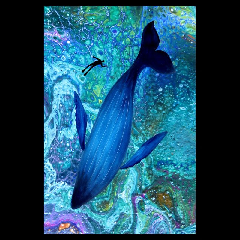 Blue Whale & Diver nell'oceano