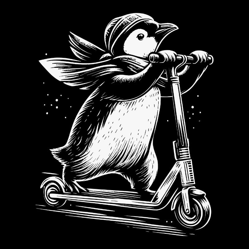 Lustiger Pinguin auf einem E Scooter
