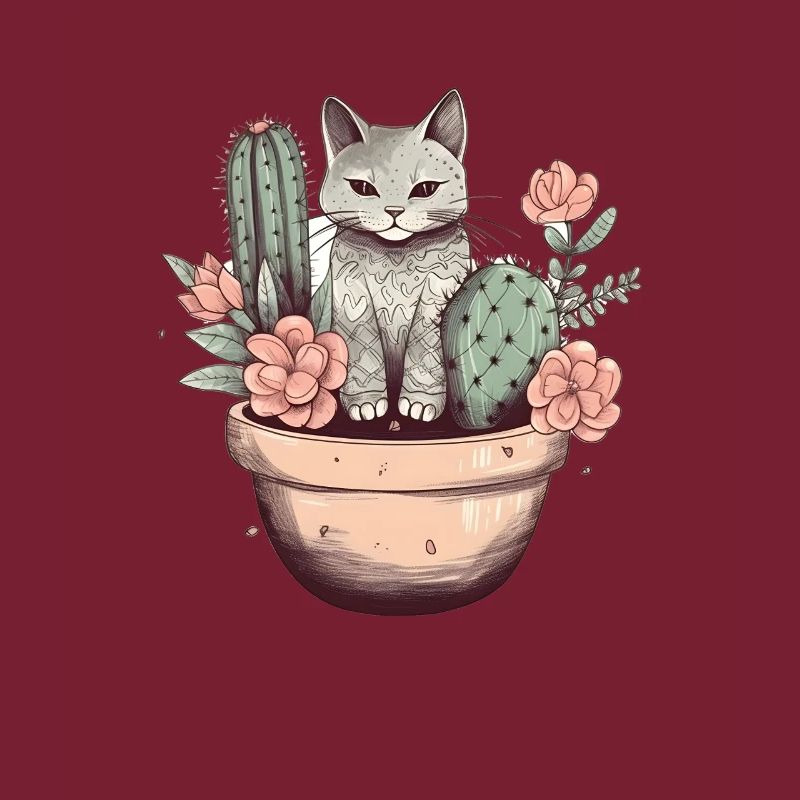 Chat en pot de fleurs avec cactus et fleurs