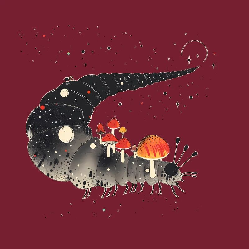 Surreal Caterpillar with Toadstools - Forest Motif