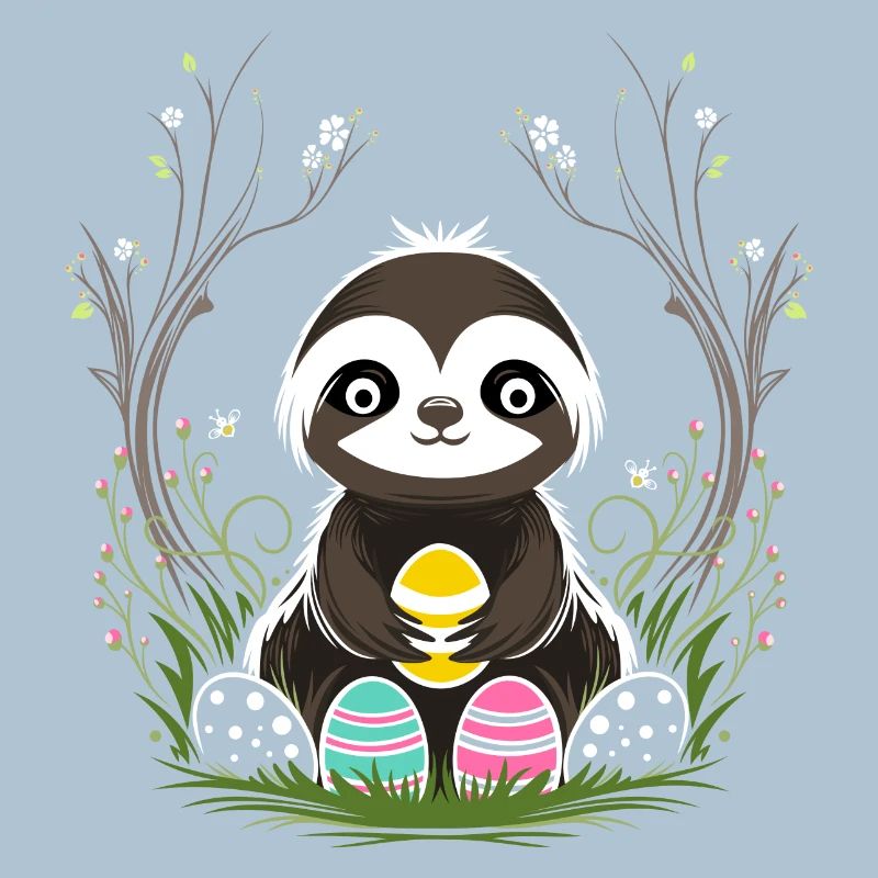 Easter Sloth with Easter Eggs in Spring