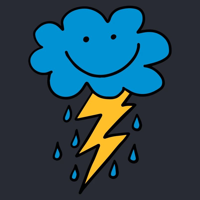 Funny cloud with flash, raindrops, comic, emoji