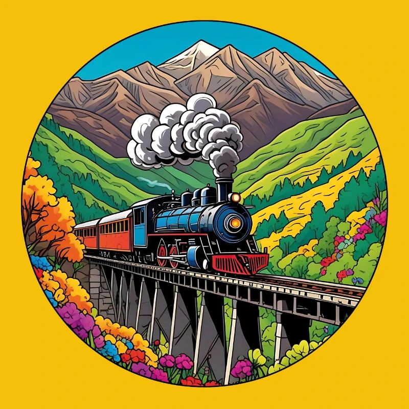Bunter nostalgischer Eisenbahnzug mit Dampflok