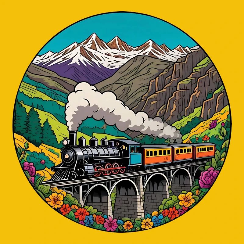 Bunter nostalgischer Eisenbahnzug mit Dampflok