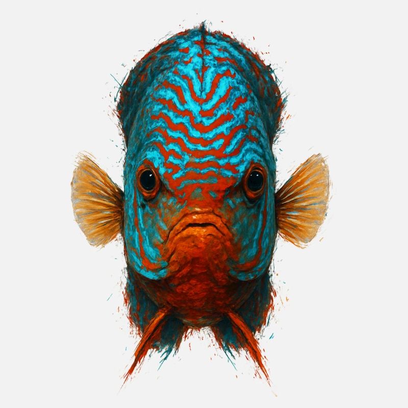 Blauer und oranger Diskusfisch mit intensiven Augen