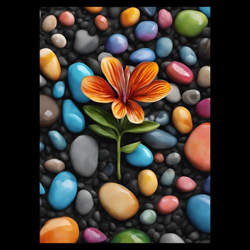 Une fleur au milieu de galets de couleurs