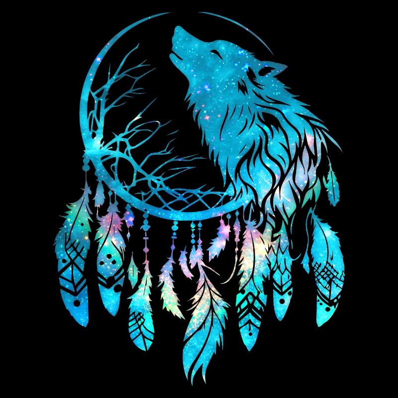 Dreamcatcher, Wolf, Moon, Nature, Tree, Tribal Style