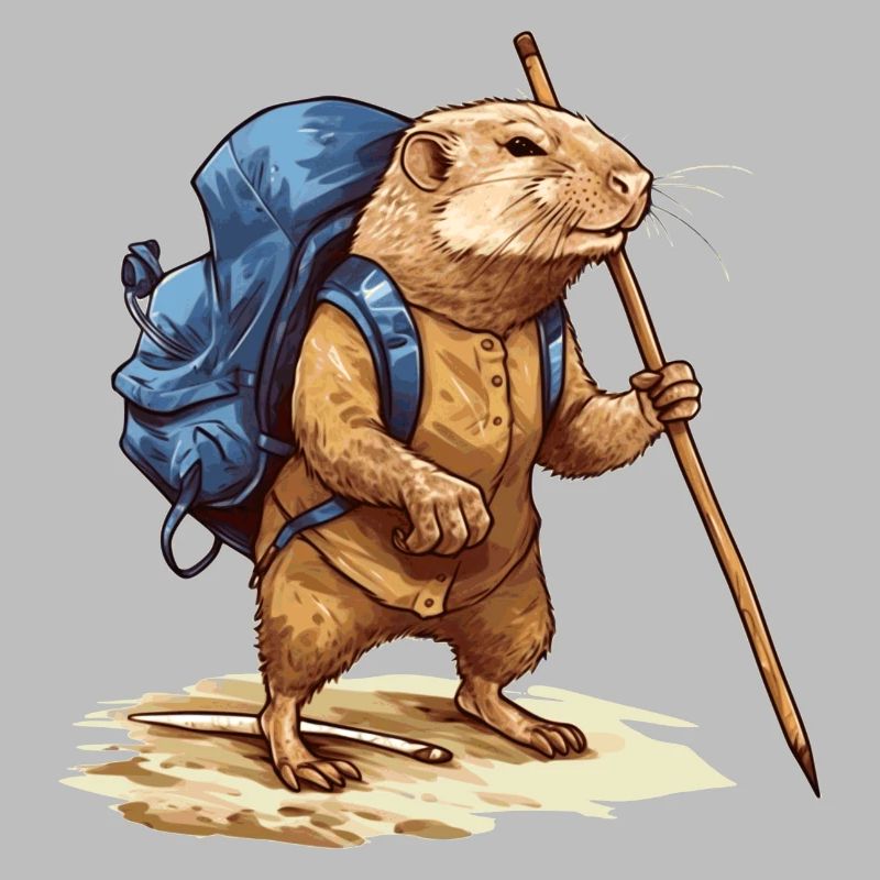 Mole rat with backpack and walking stick
