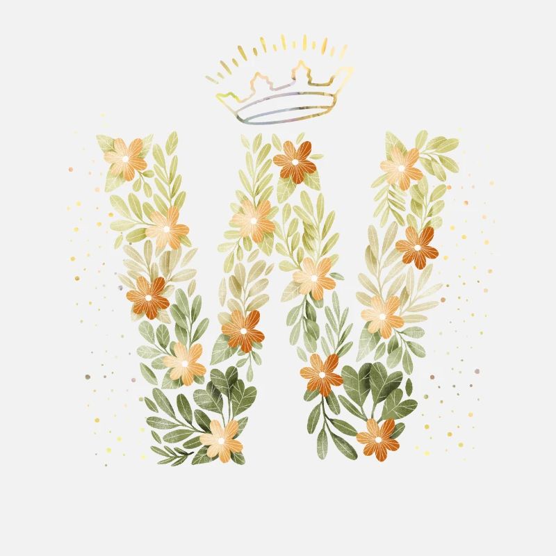 Monogramm Buchstabe W mit Krone, florales Ornament