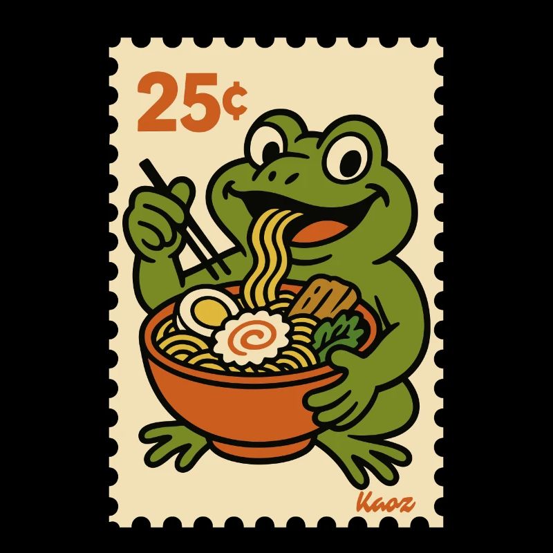 Grenouille heureuse avec des ramen sur timbre-poste
