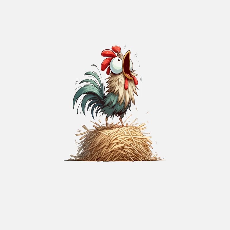 Comic rooster crows on straw bales