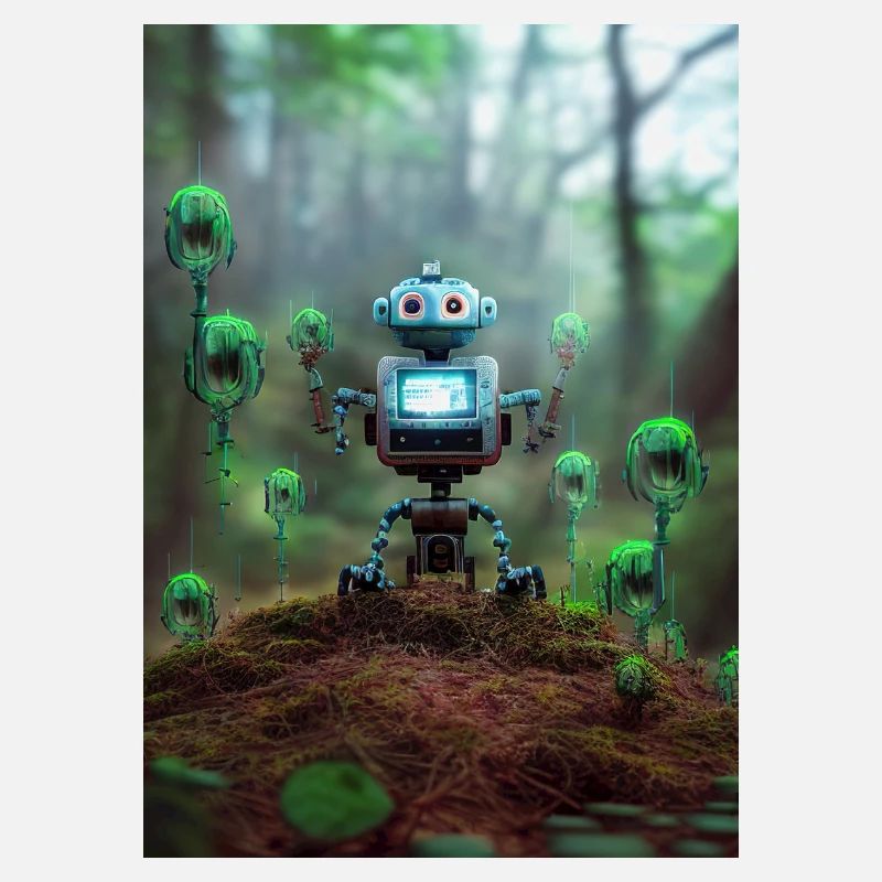 Petit robot bleu dans la forêt