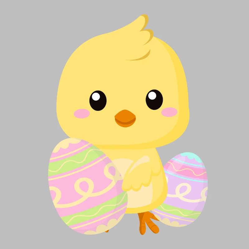 Cute little Easter chick with Easter eggs