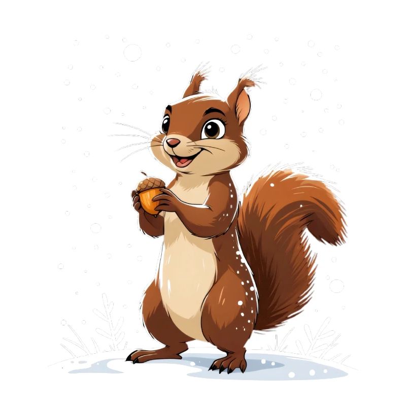 Winterliches Eichhörnchen mit Eichel