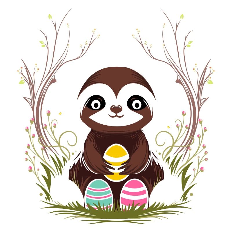 Easter Sloth with Easter Eggs in Spring