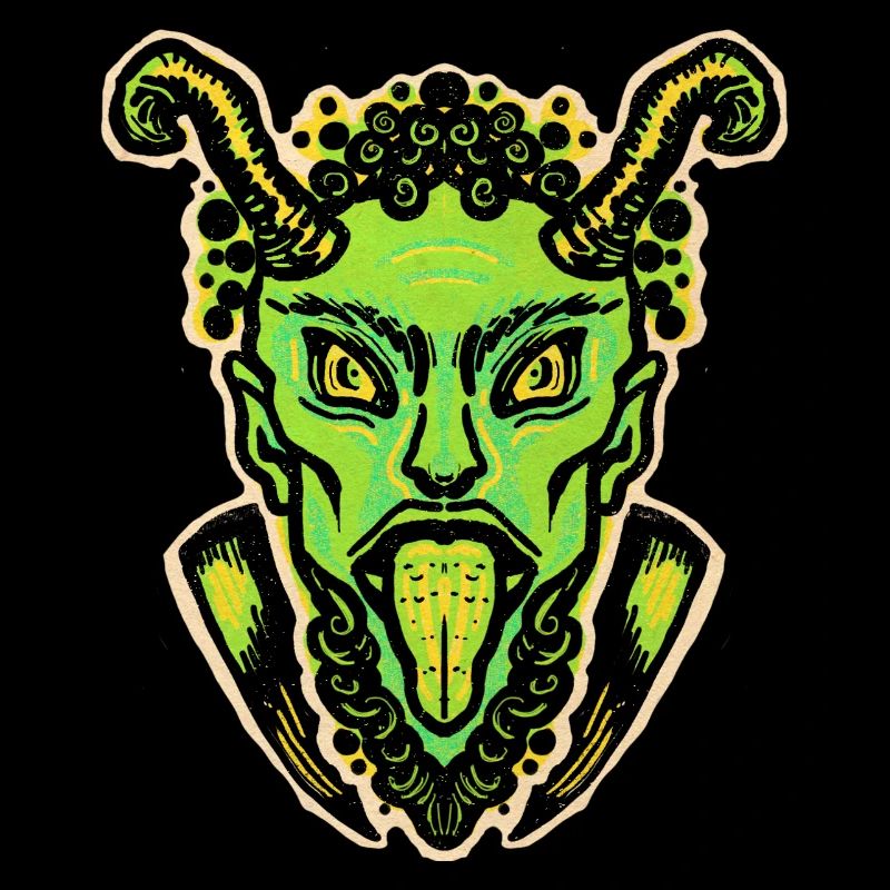Krampus vert avec langue et cornes