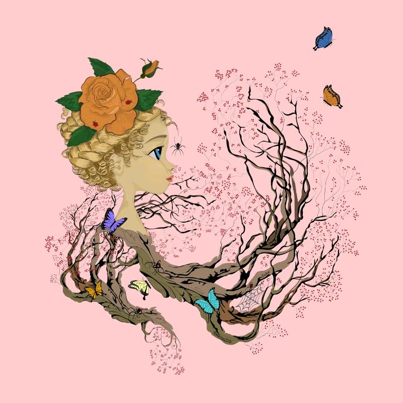 Mädchen, Schmetterlinge und Baum
