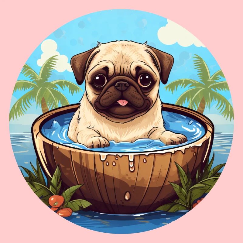 Summer Pug with Coconut Palm Sunset