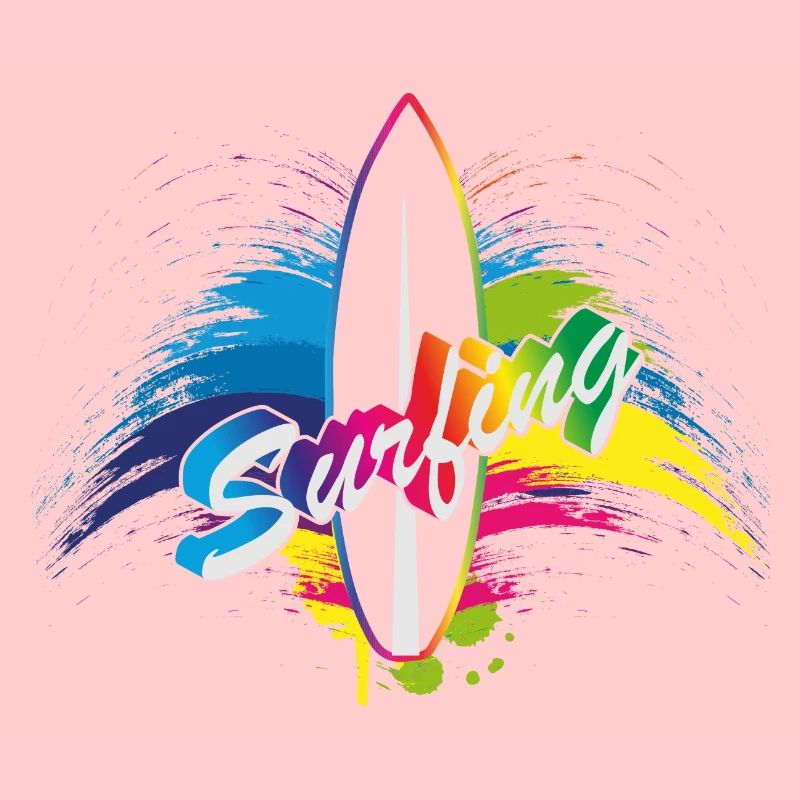 Surfing rainbow surfboard splash typography