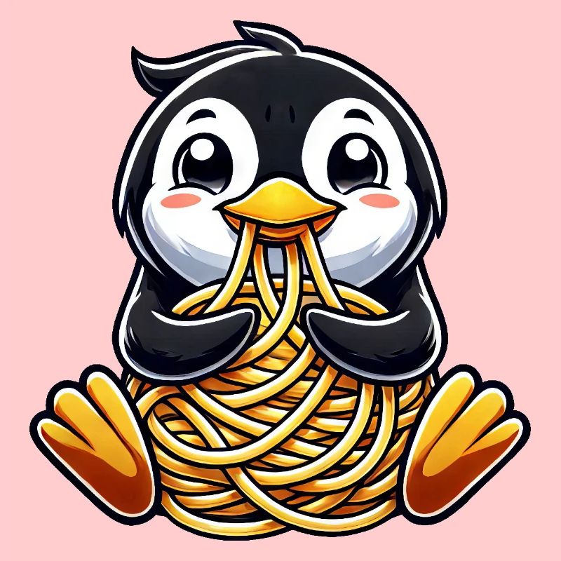 Clumsy penguin eats spaghetti
